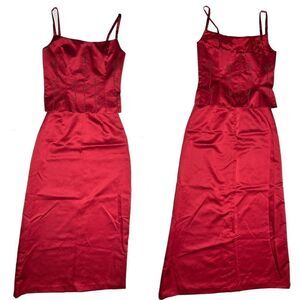Vintage Two Piece Formal Red Dress Sleeveless Maxi Prom Dress Wedding Bridesmaid